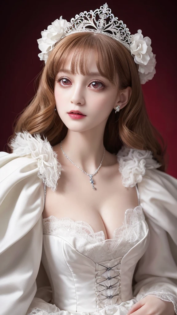 A tiny & cute, adorable white toy poodle, gracefully regal toy poodle transcends into a majestic vampire queen, her refined features juxtaposed against her pristine white coat. This enchanting portrait, whether crafted with brushstrokes or captured through a lens, showcases the exquisite beauty and haunting allure of the transformation. Radiant crimson eyes pierce the viewer's soul, while delicately arched brows convey a sense of mysterious elegance. The intricate detailing of fangs peeking from
