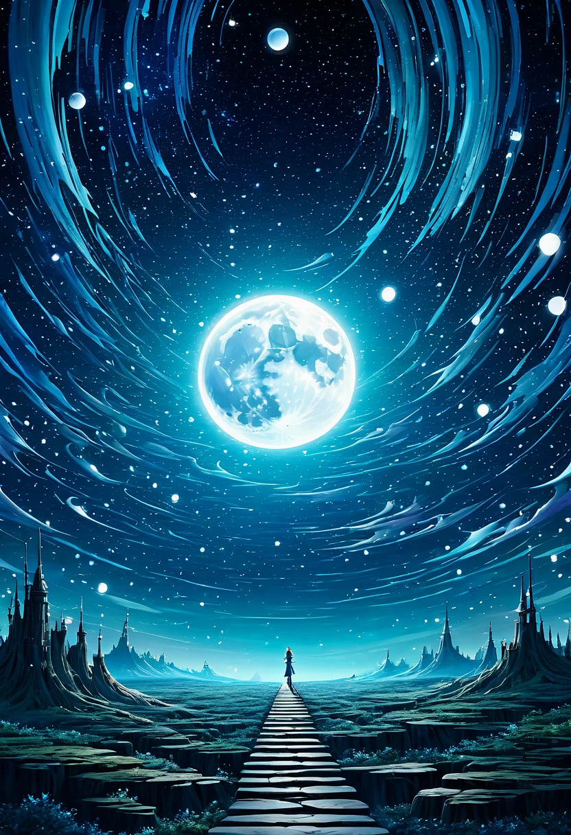 The moon is surrounded by many, Many shining stars. The starry sky twinkles,Brighter light trails. Surreal scene. Beautiful charming composition. Subtle shadows and highlights. Navy blue, Light blue and green, and purple tones. More color levels. Unpredictable vibrant tones dynamic high-detail HD movie close-up magical fantasy beautiful digital art