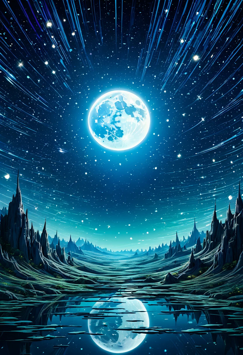 The moon is surrounded by many, Many shining stars. The starry sky twinkles,Brighter light trails. Surreal scene. Beautiful charming composition. Subtle shadows and highlights. Navy blue, Light blue and green, and purple tones. More color levels. Unpredictable vibrant tones dynamic high-detail HD movie close-up magical fantasy beautiful digital art