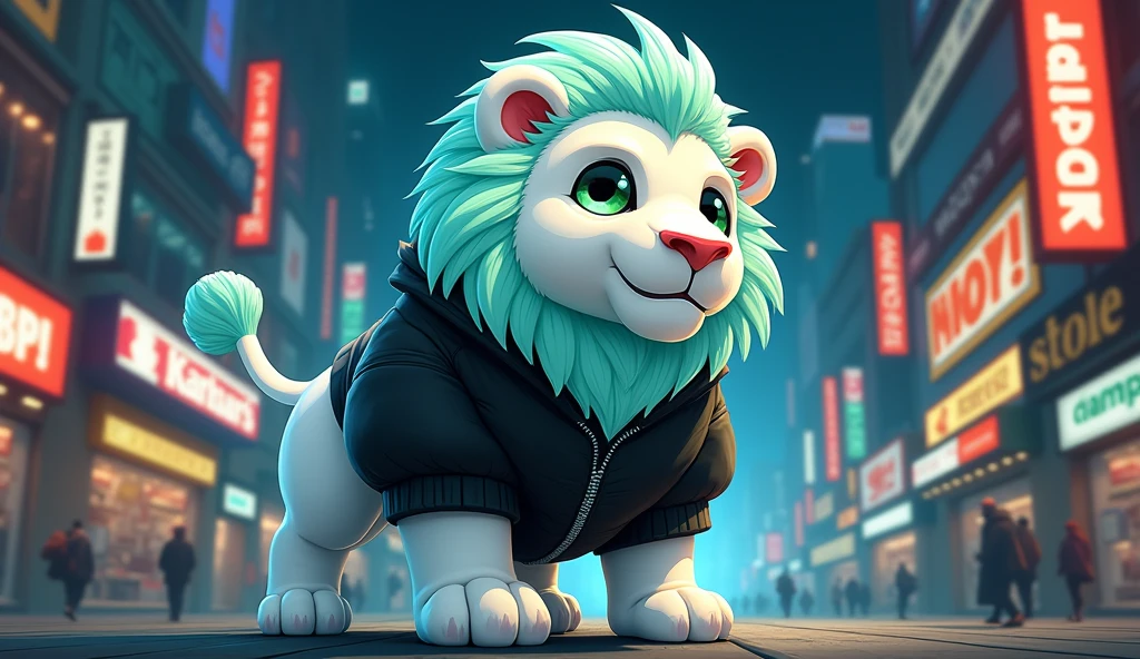 white lion with aquamarine mane, with aquamarine green eyes, cartoon style, full body, Standing in a black jacket and black pants that looks rapper style with an urban background accompanied by various advertising at night