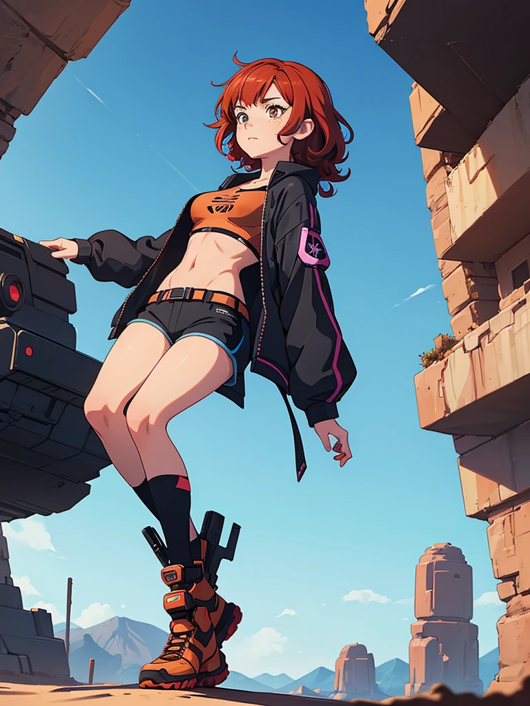 (masterpiece), (best quality), ((one girl)),alone, red hair,((brown eyes)),short curly hair, anime style, freckles, (small breast) (petite figure), blue and black cyberpunk jacket, shorts, legs, long T-shirt, ((desert background))
