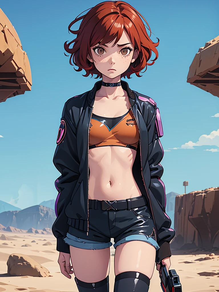 (masterpiece), (best quality), ((one girl)),alone, red hair,((brown eyes)),short curly hair, anime style, freckles, (small breast) (petite figure), blue and black cyberpunk jacket, shorts, legs, long T-shirt, ((desert background))