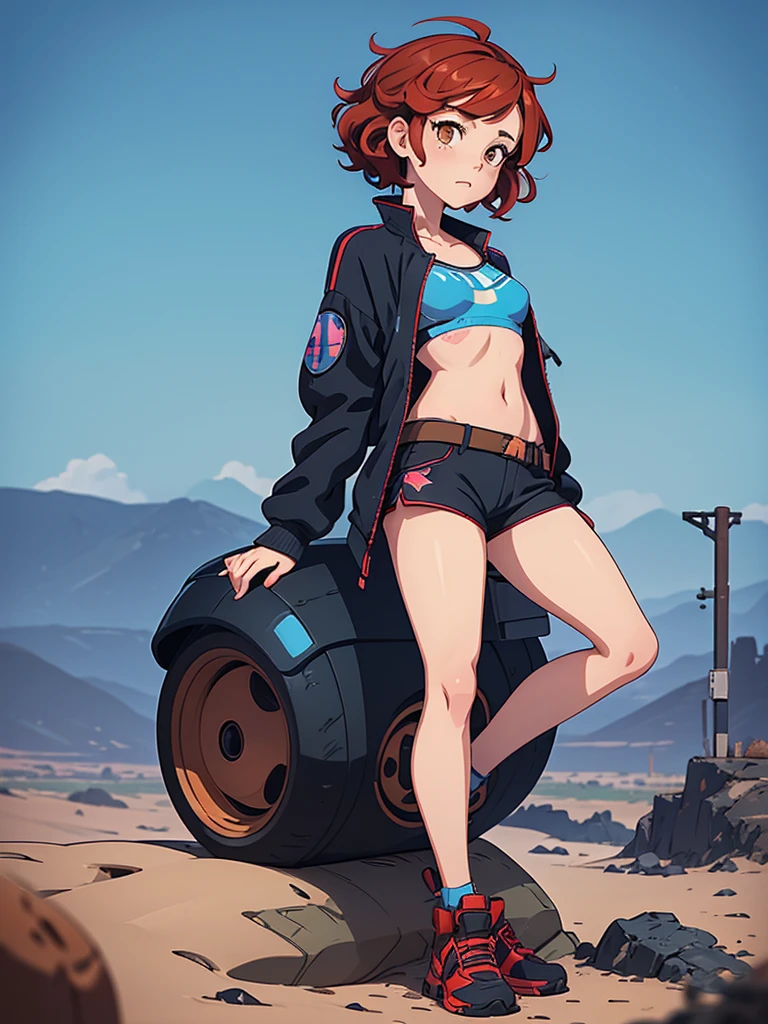 (masterpiece), (best quality), ((one girl)),alone, red hair,((brown eyes)),short curly hair, anime style, freckles, (small breast) (petite figure), blue and black cyberpunk jacket, shorts, legs, long T-shirt, ((desert background))