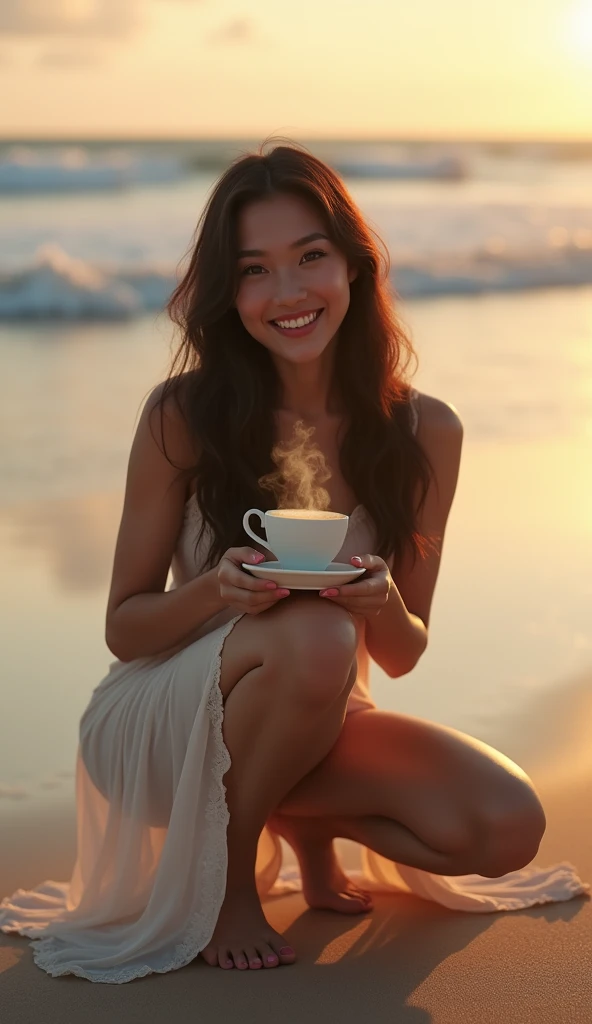 (photorealism:1.2), Create an image of an alone confident 2 Filipina woman with an hourglass body shape, slightly curvy, standing at 5'4". She has fair skin, long and thick hair, and a small heart-shaped face with subtle cheekbones and a rounded chin. Her nose is delicate, pointy, and . She is alone on a beach at dawn, wearing a flowing, light-colored slutty morning dress that gently drapes over her figure. The camera is positioned at a slightly elevated angle to capture her crouching or sitting on the sand while holding a steaming cup of hot coffee in her hands. She looks directly at the camera with a happy, smiling expression. The soft light of dawn gently illuminates the scene, casting a warm, peaceful glow over the beach. Her expression is joyful and relaxed as she enjoys the serene moment. The background features the early morning waves and the sky transitioning from night to day, adding a tranquil and calming ambiance to the atmosphere