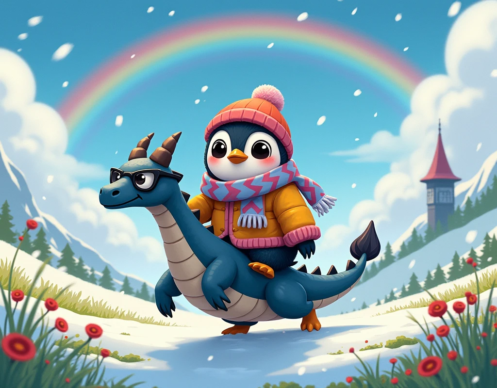 Ghibli Studio style, front view close-up of a cute penguin wearing a brightly colored fashionable winter jacket, scarf, beanie, and stylish sunglasses. The penguin rides an armored dragon that floats above a snow-dusted hill, bursting with patches of light green grass and colorful wildflowers. A soft snowfall, a wide majestic rainbow behind amidst cloudy peaks with magic tower.
