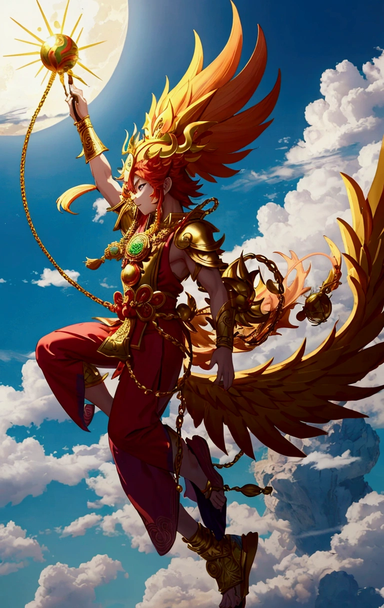 Monkey King Sun Wukong,Wearing chain gold armor,He wears a purple-gold crown with phoenix wings,Feet through silk and clouds,Holding the Ruyi Jingu Bang in the right hand,Stepping on a somersault cloud,Dive from the sky to the ground,Background with white clouds and green mountains,3D modeling style,Strong visual impact