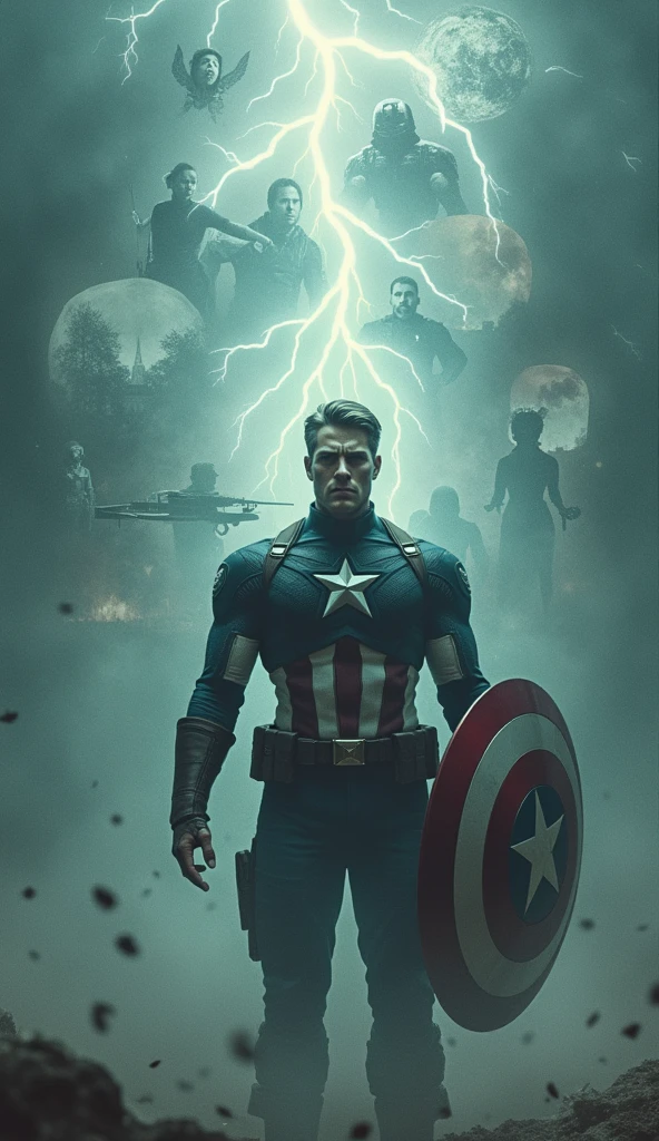 Capture Captain America surrounded by haunting visions of his past, as memories materialize around him in ghostly, semi-transparent forms. In the center of the image, Captain America stands with his shield held firmly by his side, his face showing a mix of resolve and melancholy as he confronts these echoes of his past.
The visions should include key moments from his life: scenes from World War II, battles against Hydra, and pivotal moments with the Avengers. Each memory is rendered in a faded, ethereal style, as if they are projections from another time. These ghostly images float around Captain America, slightly overlapping and blending into each other, creating a swirling, dreamlike effect.
One vision might show a younger Steve Rogers in his original military uniform, charging into battle with determination, while another might depict him lifting Mjolnir during the fight against Thanos, the hammer crackling with lightning. Another could show his emotional reunion with Bucky Barnes, capturing the bond they share.