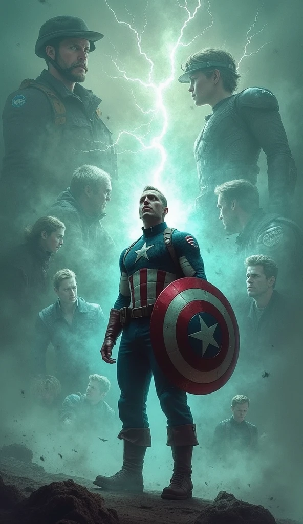 Capture Captain America surrounded by haunting visions of his past, as memories materialize around him in ghostly, semi-transparent forms. In the center of the image, Captain America stands with his shield held firmly by his side, his face showing a mix of resolve and melancholy as he confronts these echoes of his past.
The visions should include key moments from his life: scenes from World War II, battles against Hydra, and pivotal moments with the Avengers. Each memory is rendered in a faded, ethereal style, as if they are projections from another time. These ghostly images float around Captain America, slightly overlapping and blending into each other, creating a swirling, dreamlike effect.
One vision might show a younger Steve Rogers in his original military uniform, charging into battle with determination, while another might depict him lifting Mjolnir during the fight against Thanos, the hammer crackling with lightning. Another could show his emotional reunion with Bucky Barnes, capturing the bond they share.