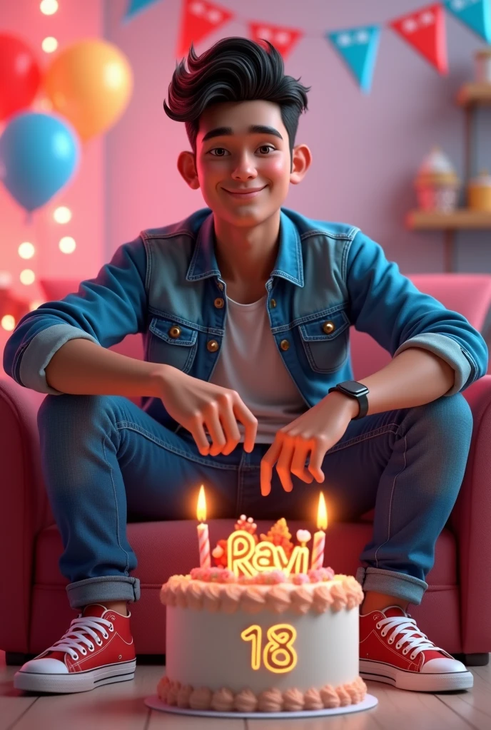 3D illustration of a man
Sitting casually on front of a cake. The character must wear casual moder clothing such as jeans jackets and sneakers shoes. The background of the image is a party theme. Write Ravi on the birthday cake Make sure the text is not misspelled. His age is 18