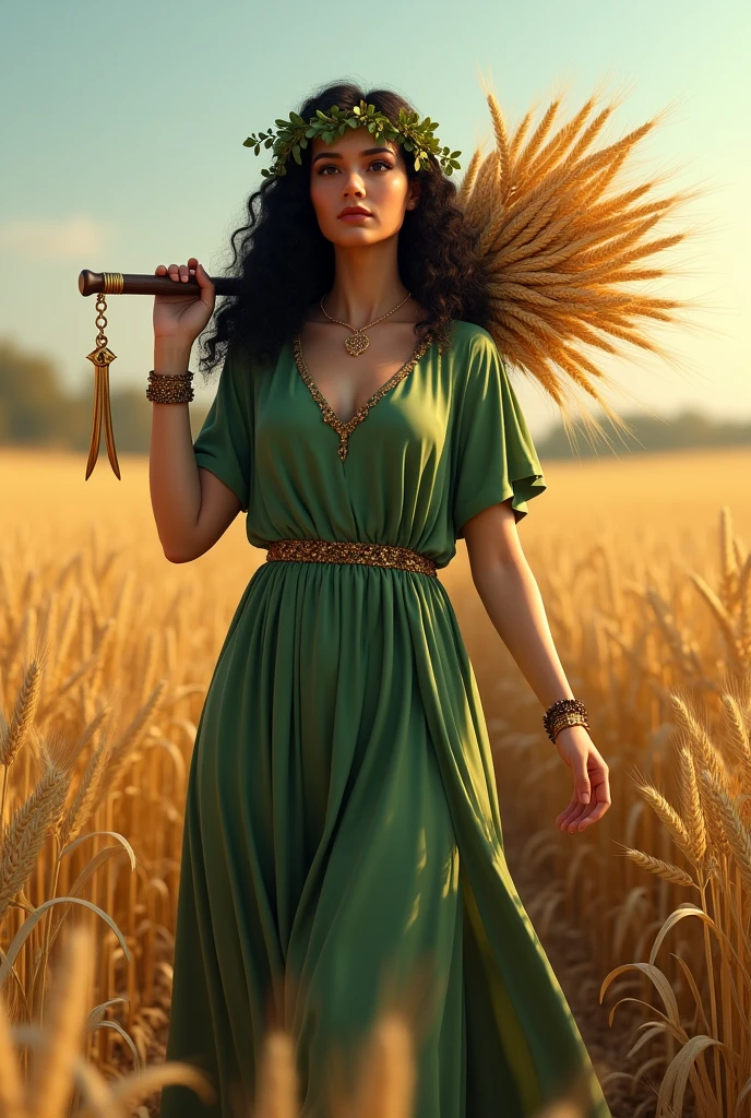 Goddess wearing green dress with sleeves, curly black hair, laurel wreath, carrying on his shoulder a cornucopia of wheat stalks, holding in his right hand a small golden sickle, in the middle of the wheat field.