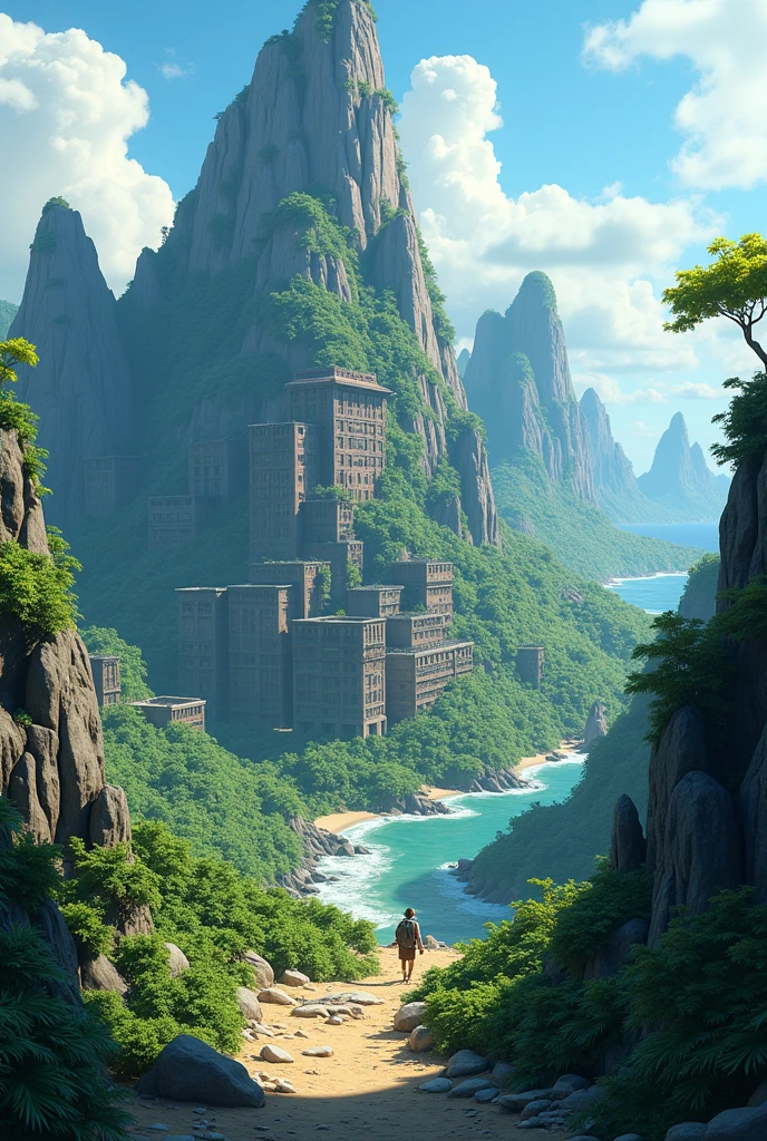 'Generate in cinematic 3d cartoon style " The tournament island: A wide view of a mysterious, rugged island with dense forests, mountains, and abandoned buildings, where the Free Fire tournament is about to take place.