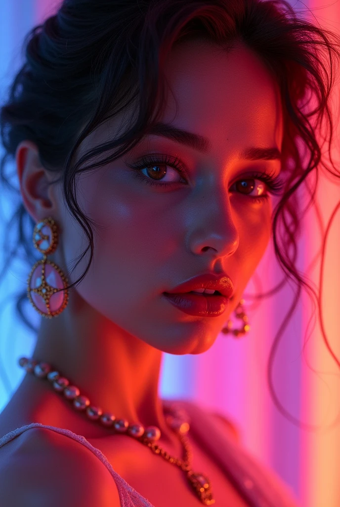 a highly detailed, hyperrealistic portrait of a woman, beautiful detailed eyes, beautiful detailed lips, extremely detailed face and skin, long eyelashes, intricate jewelry, neon gradient background, dramatic studio lighting, 8k, photorealistic, masterpiece, vibrant colors