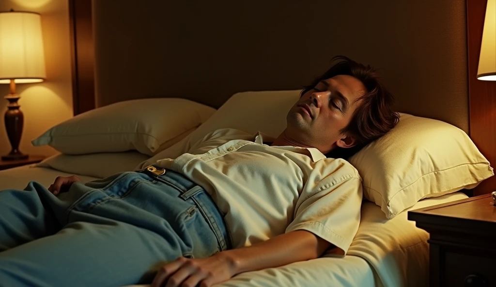 A nostalgic screenshot from a 1980s horror film directed by surrealist mastermind David Lynch, capturing an eerie, dimly lit atmosphere of a middle-aged man with thin, pale skin, dark circles under his sunken eyes, and a hairstyle disheveled, disheveled brown man sleeping on a bed in a hotel room, dressed in a worn and wrinkled white shirt and a pair of faded high-waisted pants. blue jeans, the entire scene is bathed in a warm, golden light with an underlying sense of unease, evoking a sense of cinematic dread, with a prominent film grain texture that adds to the retro, analogue aesthetic, as if it had been ripped straight out. from a VHS tape