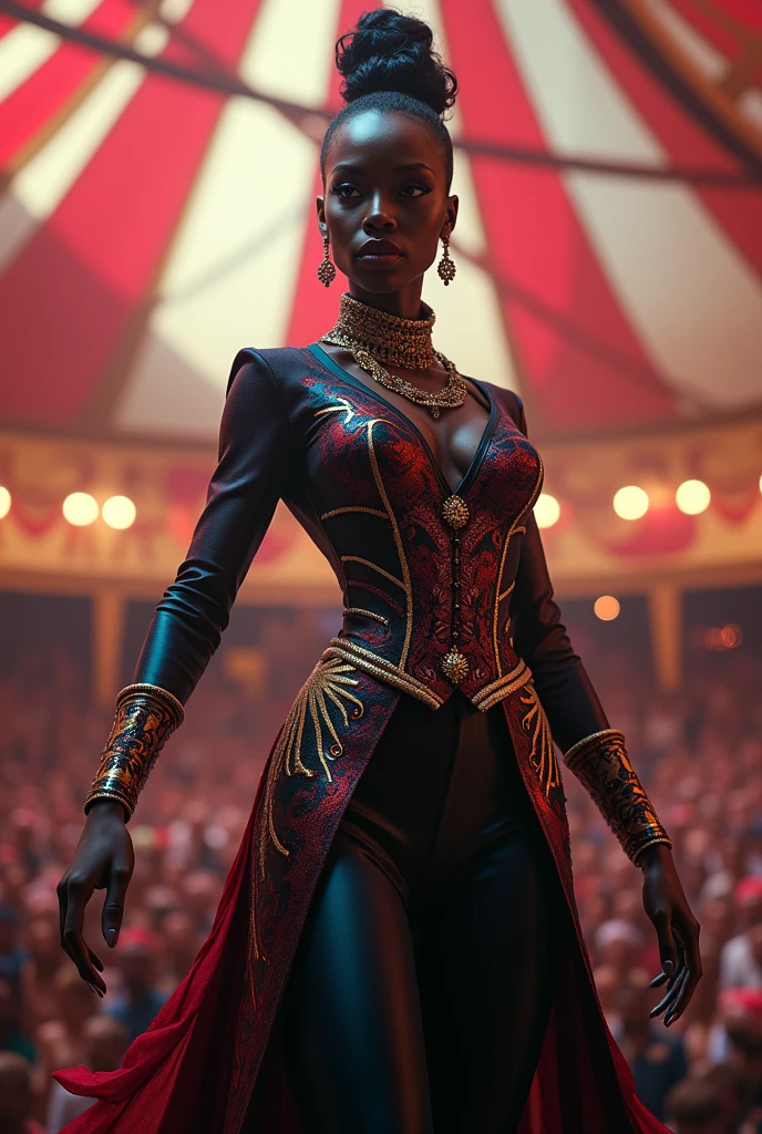 A magician with black skin color, IN A CIRCUS