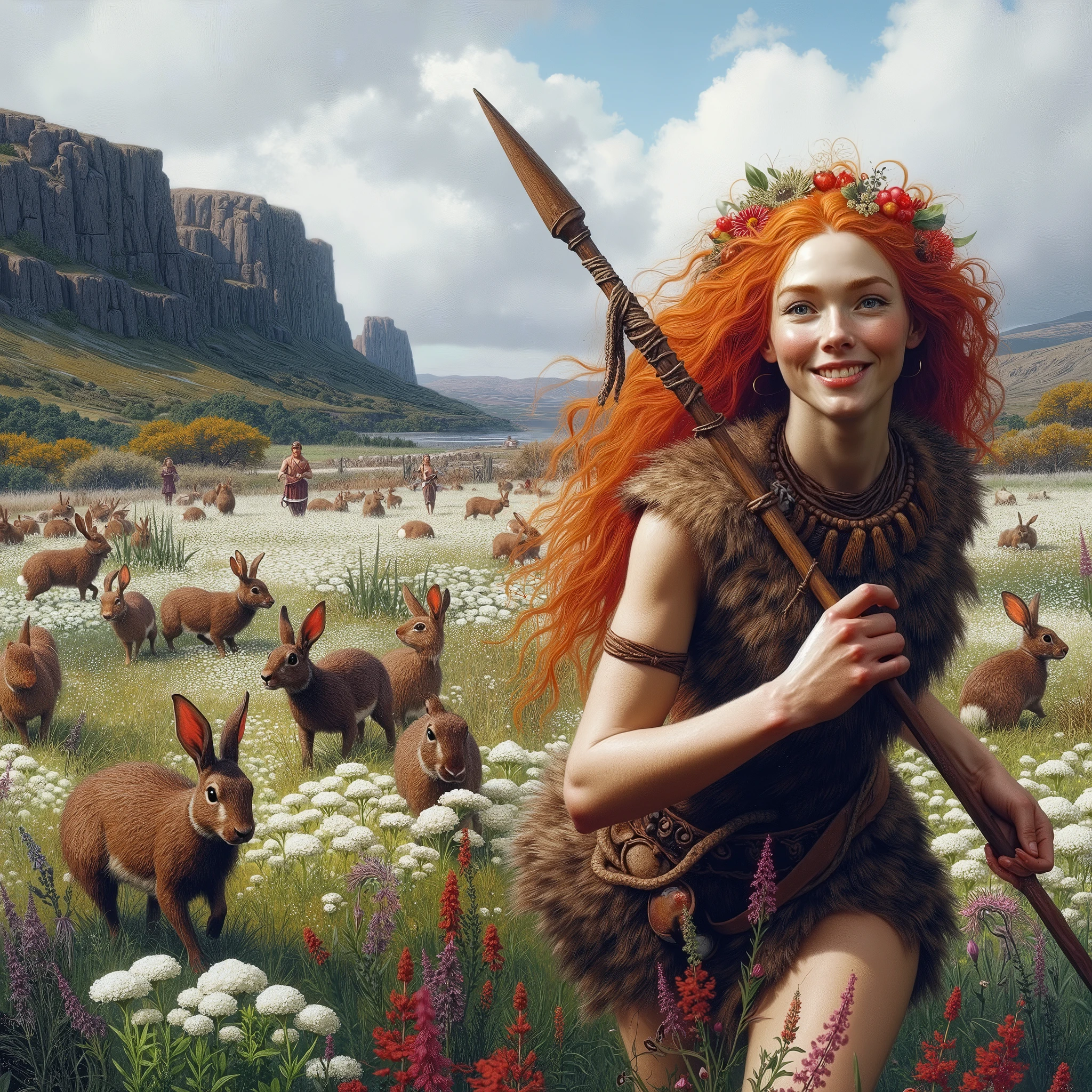 Neolithic red haired adult female hunter with a sweet content face expression walks at the flowery meadow confidently with spears in her hand, to hunt hares and rabbits, oil on canvas, insanely detailed and intricate cinematic Neolithic world scene, realism painting style