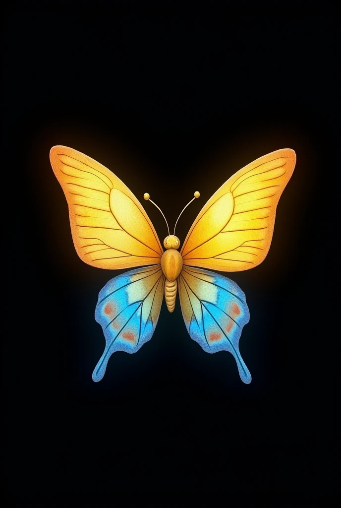 Show me a cute butterfly, it must be yellow and blue, The background must be black