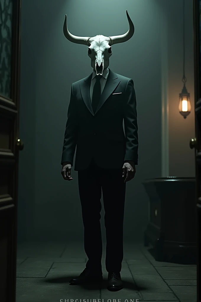 A man in a black suit with a bull skull instead of a head, in a dark environment and with a small hanging lamp emitting a dim light.