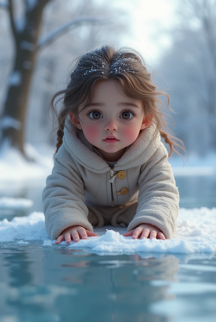 A young girl playing in the snow by a frozen lake, beautiful detailed eyes, beautiful detailed lips, extremely detailed eyes and face, long eyelashes, winter landscape, snow-covered trees, frozen lake, detailed background, (best quality,4k,8k,highres,masterpiece:1.2),ultra-detailed,(realistic,photorealistic,photo-realistic:1.37),outdoor scene,cold temperature,atmospheric lighting,soft colors,muted tones,natural lighting,serene,peaceful,tranquil