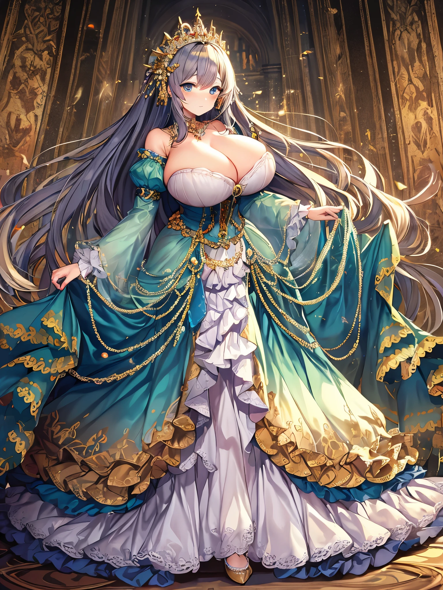 moe anime artstyle,Masterpiece,Best Quality,Super Detail,(Very Delicate and Beautiful),Solo,full body,((full body portrait)),absurdly gigantic tits,(((1 bling-bling princess in beautiful embroidery and jeweled gorgeous rococo ballgown with voluminous full length hoop skirt))),(((absurdly gigantic tits,absurdly gigantic breast))),deep cleavage,curvy,Skindentation,((detailed face and eyes)),jewel-like eyes,(((crinoline,long train))),beautiful embroidery and jeweled lace-trimmed rococo ballgown with voluminous full length hoop skirt,voluminous rococo ballgown with voluminous full length hoop skirt,((bling-bling voluminous rococo princess ballgown with voluminous full length hoop skirt)),((absurdly long Straight hair)),extremely gorgeous hair ornament,((extremely gorgeous big tiara)),luxurious jewelry,(((beautiful embroidery and jeweled gorgeous rococo ballgown with voluminous full length hoop skirt))),(absurdly gigantic tits,absurdly gigantic breast),(((outdoor,garden))),Looking at viewer,((full body))