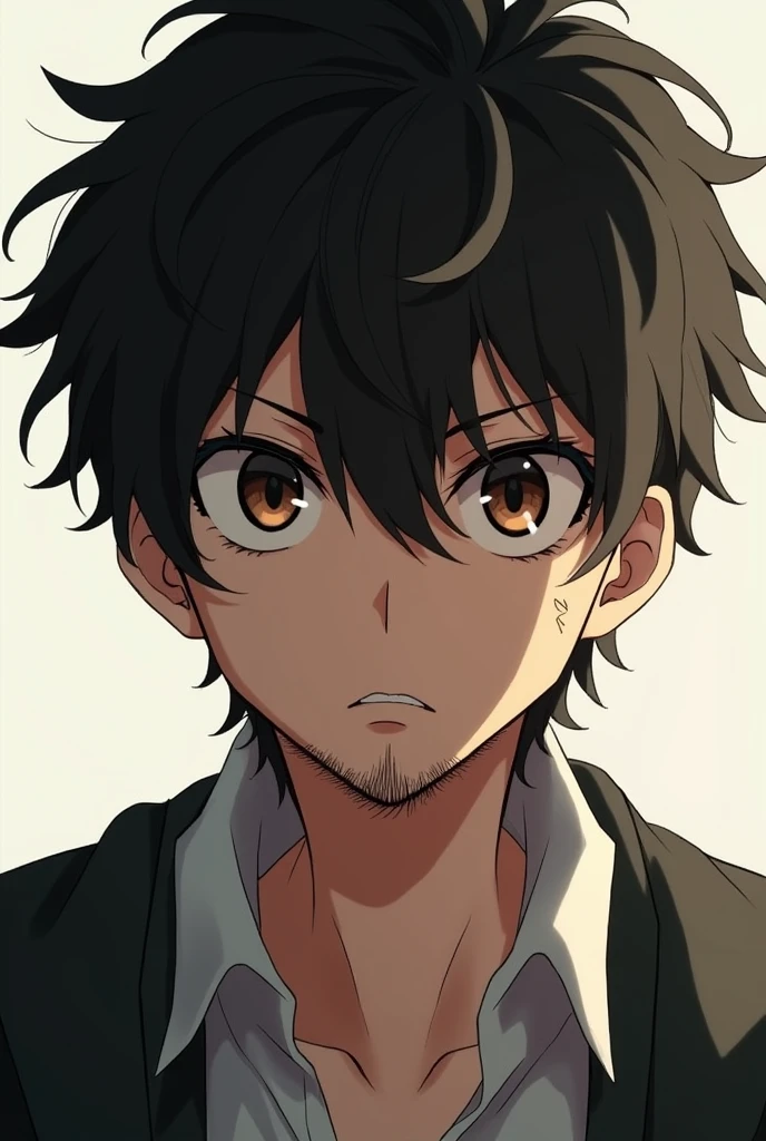boy with serious face, He has short wavy hair with a small beard and pretty anime-style eyes.