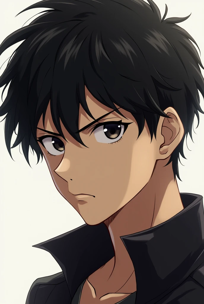 boy with serious face, He has short wavy hair with a small beard and pretty anime-style eyes.