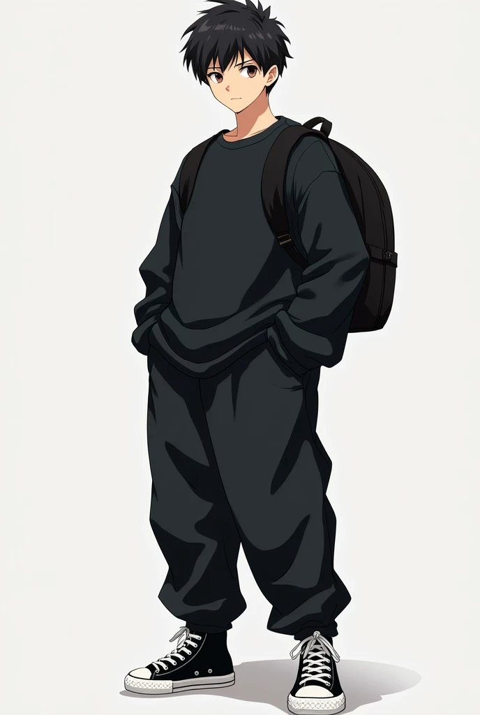 Full-body. Man with black hair, brown dark eyes, black sweatshirt, black oversized pants, black all-star sneakers and a black backpack on the back. anime styling. Full-body