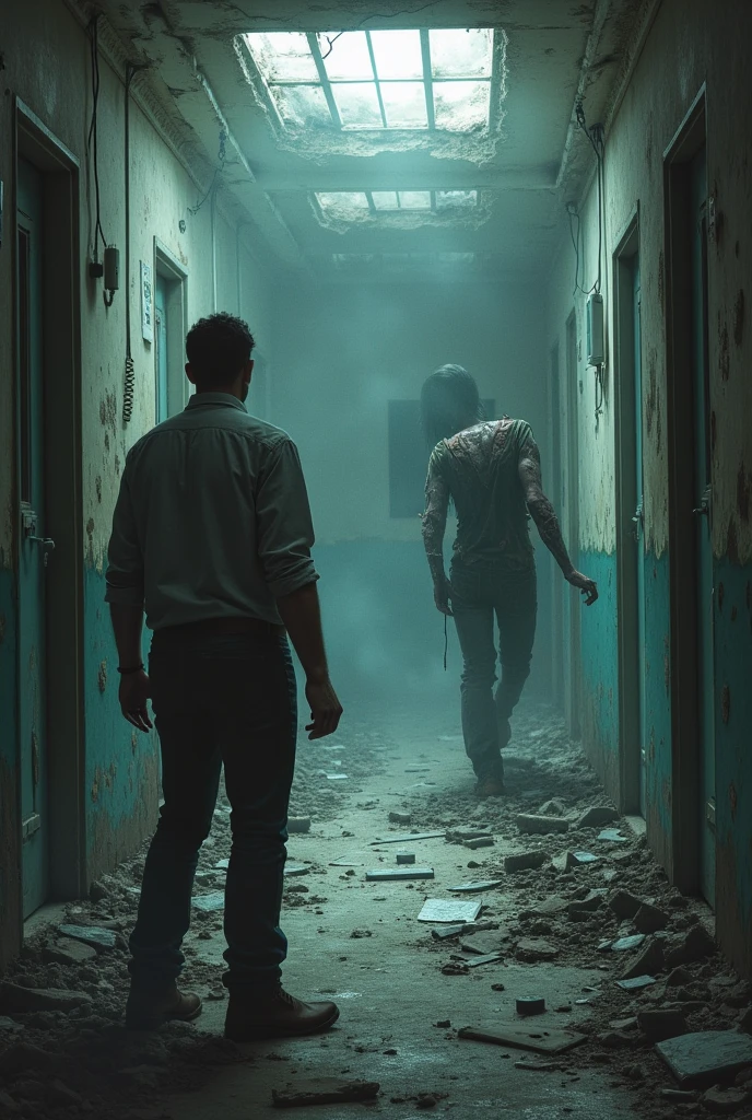 Abandoned hospital, man finds zombie on his trente