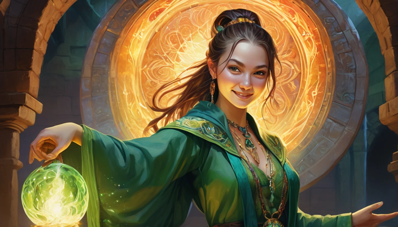 Illustration of a colorful portrait, (attractive female as a Wizard, ponytail, wear_length_Flowing_green_Complicated_Embroidered_Wizard_Robe), (necklace, Pouch, belt, smile, Very detailed face, masterpiece, Highest quality), Very detailed, (In the dungeons), magician_Grams, (A circle of large glowing runes), Fire and Ice, Casting a Spell, Ultra-high resolution, Alexandre Karame、Alyssa Monks、Shigeru Ban