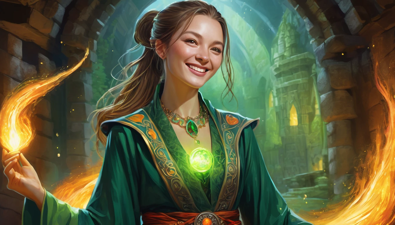 Illustration of a colorful portrait, (attractive female as a Wizard, ponytail, wear_length_Flowing_green_Complicated_Embroidered_Wizard_Robe), (necklace, Pouch, belt, smile, Very detailed face, masterpiece, Highest quality), Very detailed, (In the dungeons), magician_Grams, (A circle of large glowing runes), Fire and Ice, Casting a Spell, Ultra-high resolution, Alexandre Karame、Alyssa Monks、Shigeru Ban