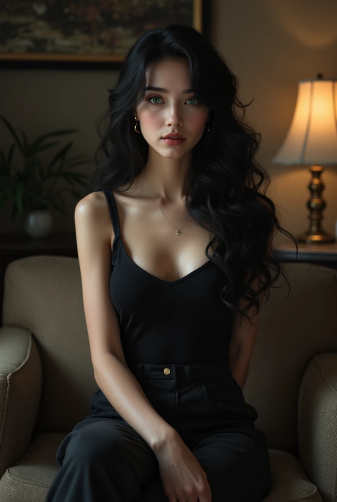 A girl with 1.62 meters, with long, black curly hair that reaches her buttocks, the story is over, snow white skin, her pear-shaped body (Hourglass), perfect nose, perfect eyebrows and eyelashes, Tender doe-shaped eyes with green iris, full lips, white teeth and cheeks in a pale pinkish tone, dressed in a black tank top and fashionable but decent pants (let the whole body be seen), and she is in her elegant room with cold light illuminating the room.