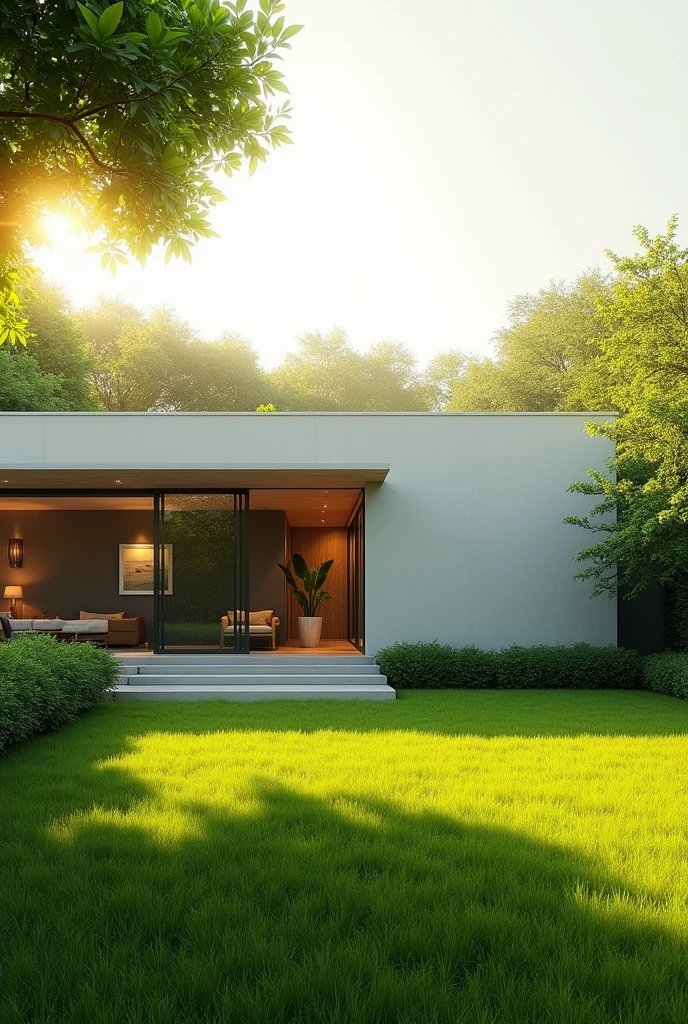 A sleek, minimalist modern home with a simple facade bathed in the warm glow of morning sunlight. Lush green lawns stretch out before the house, vibrant and teeming with life. The scene is rendered in ultra-realistic detail, capturing every nuance of texture and light, with an 8k resolution for unparalleled clarity.