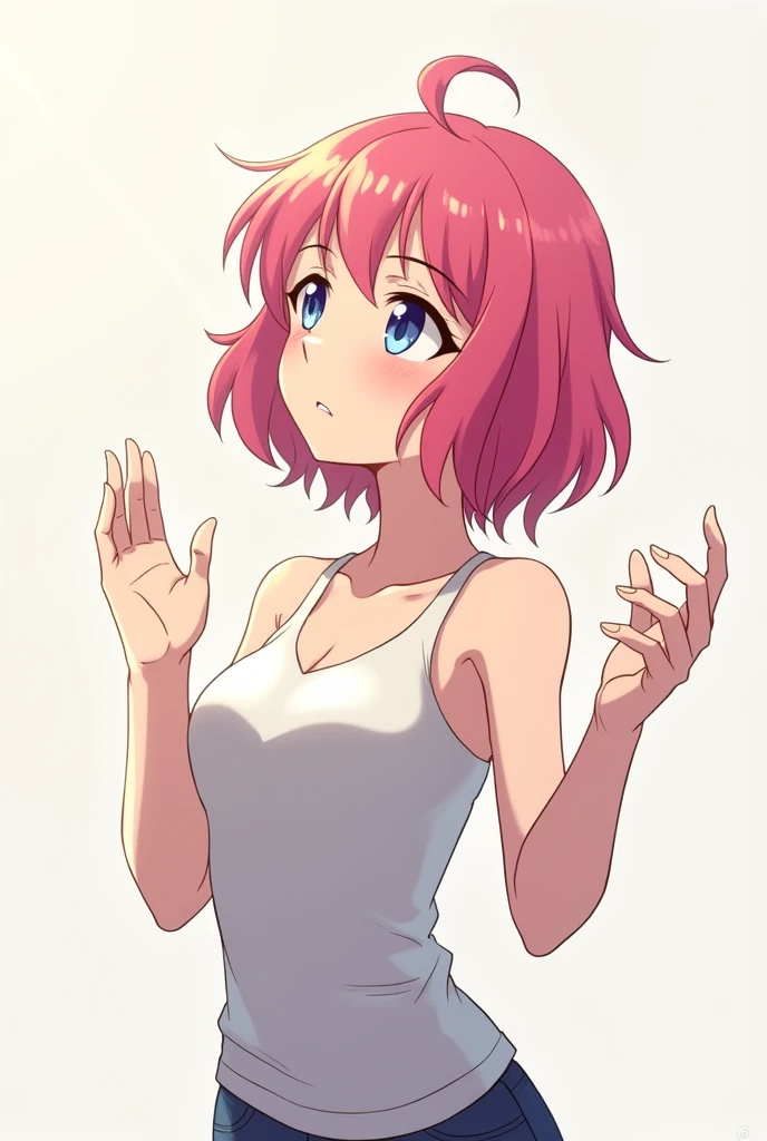 Alone female anime character, short bob hairstyle with wavy texture layered style and bright pink color, wearing a tank top up to the chest, pose raising both hands