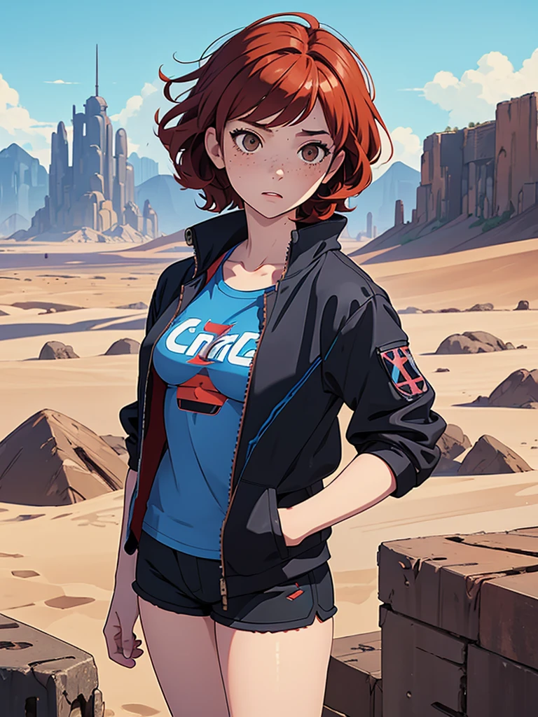 (masterpiece), (best quality), ((one girl)),alone, red hair,((brown eyes)),short curly hair, anime style, freckles, (small breast) (petite figure), blue and black cyberpunk jacket, shorts, legs, long T-shirt, ((desert background))