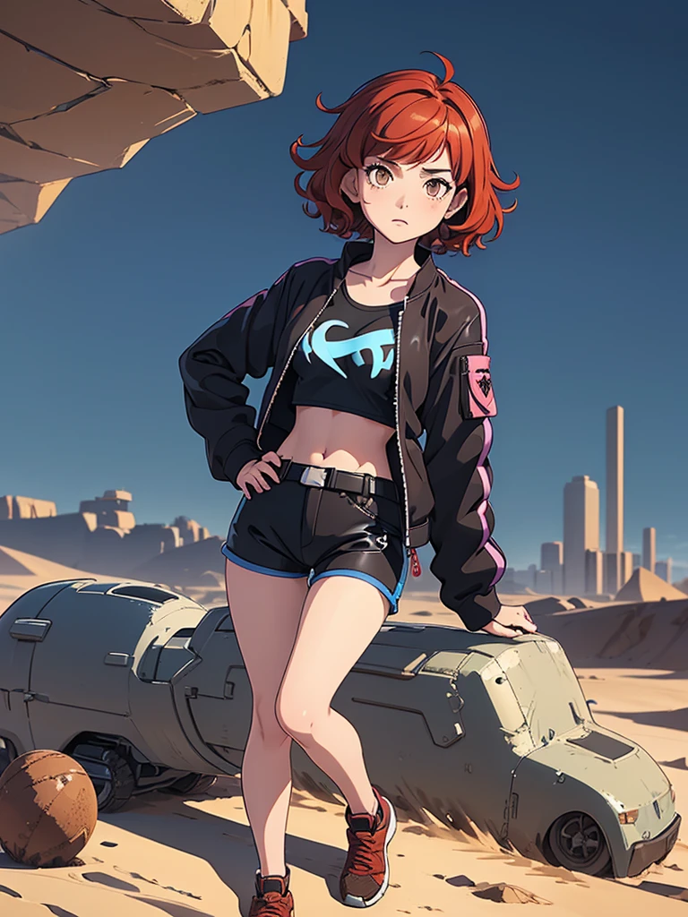 (masterpiece), (best quality), ((one girl)),alone, red hair,((brown eyes)),short curly hair, anime style, freckles, (small breast) (petite figure), blue and black cyberpunk jacket, shorts, legs, long T-shirt, ((desert background)) 