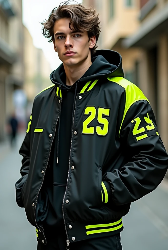 Varsity jacket with black colors and very small touches in fluorescent green for a school with the number 25 on the left arm 
