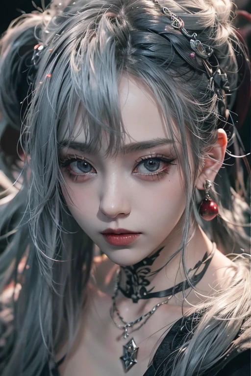 Highest quality、8k、masterpiece:1.3、Gothic Punk、Red on the inside、Gray Black Hair、hair ornaments、beautiful girl、creative、Dark Fantasy Style、Neogoth、Goth Fashion:1.2、High resolution、masterpiece、Highest quality、頭w:1.3、((Hasselblad Photos))、Fine skin、Sharp focus、(Cinema Lighting)、Realistic textured hair