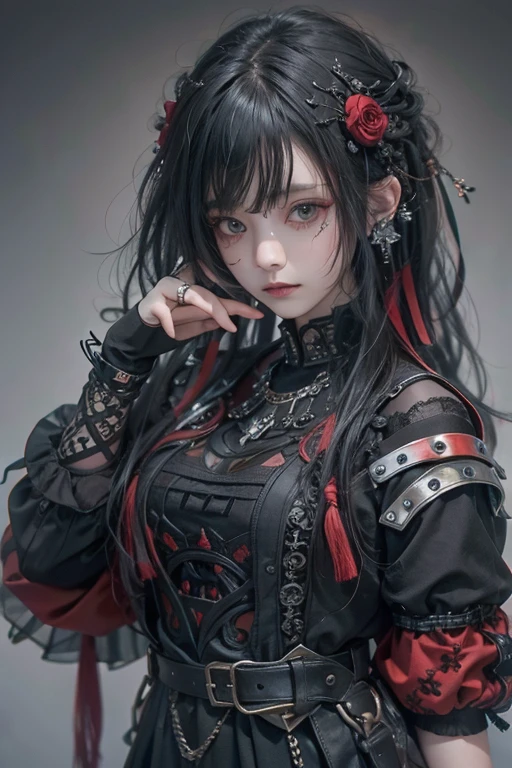 Highest quality、8k、masterpiece:1.3、Gothic Punk、Red on the inside、Gray Black Hair、hair ornaments、beautiful girl、creative、Dark Fantasy Style、Neogoth、Goth Fashion:1.2、High resolution、masterpiece、Highest quality、頭w:1.3、((Hasselblad Photos))、Fine skin、Sharp focus、(Cinema Lighting)、Realistic textured hair