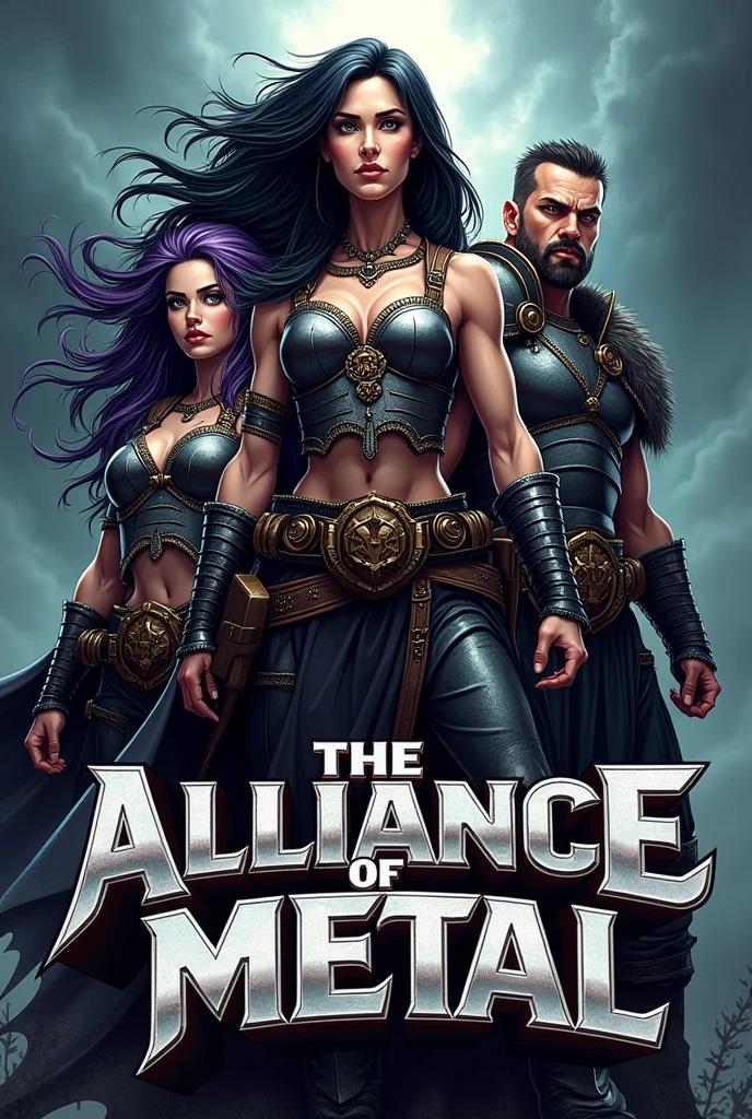 Illustration for a poster to promote a heavy metal concert, with two black-haired warriors and a purple-haired female warrior, In the style of comic books, wearing armor, in the dimensions used for Instagram posts, with the event title The Alliance of Metal in metallic letters in the middle of the poster