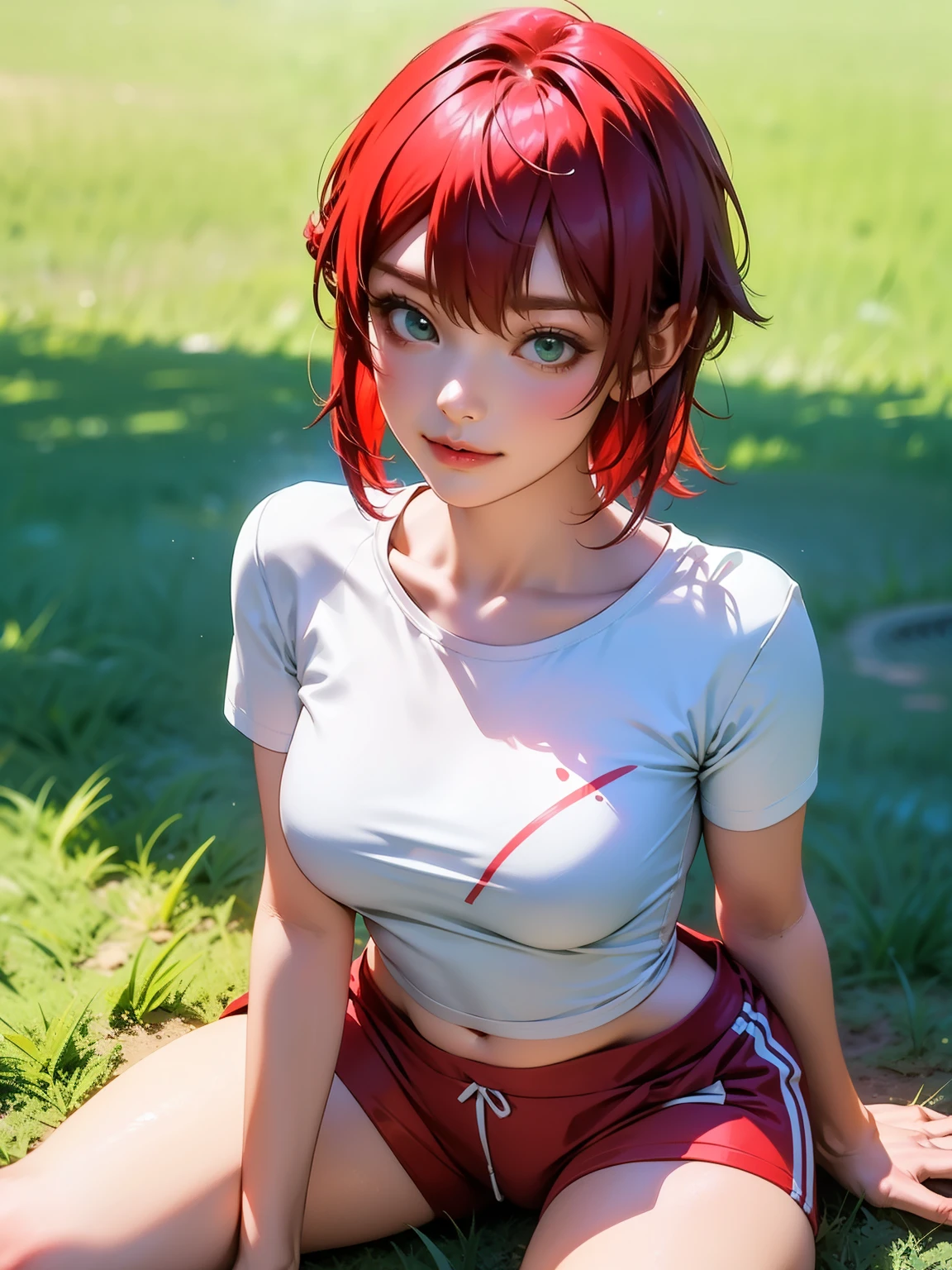 8k, best quality, masterpiece, ultra-detailed,1girl,solo,short hair, green eyes,red hair,White t-shirt, White shirt,red shorts, sitting on the field, training ground, morning, bright sun, ultra detail, ultra HD,half body photo