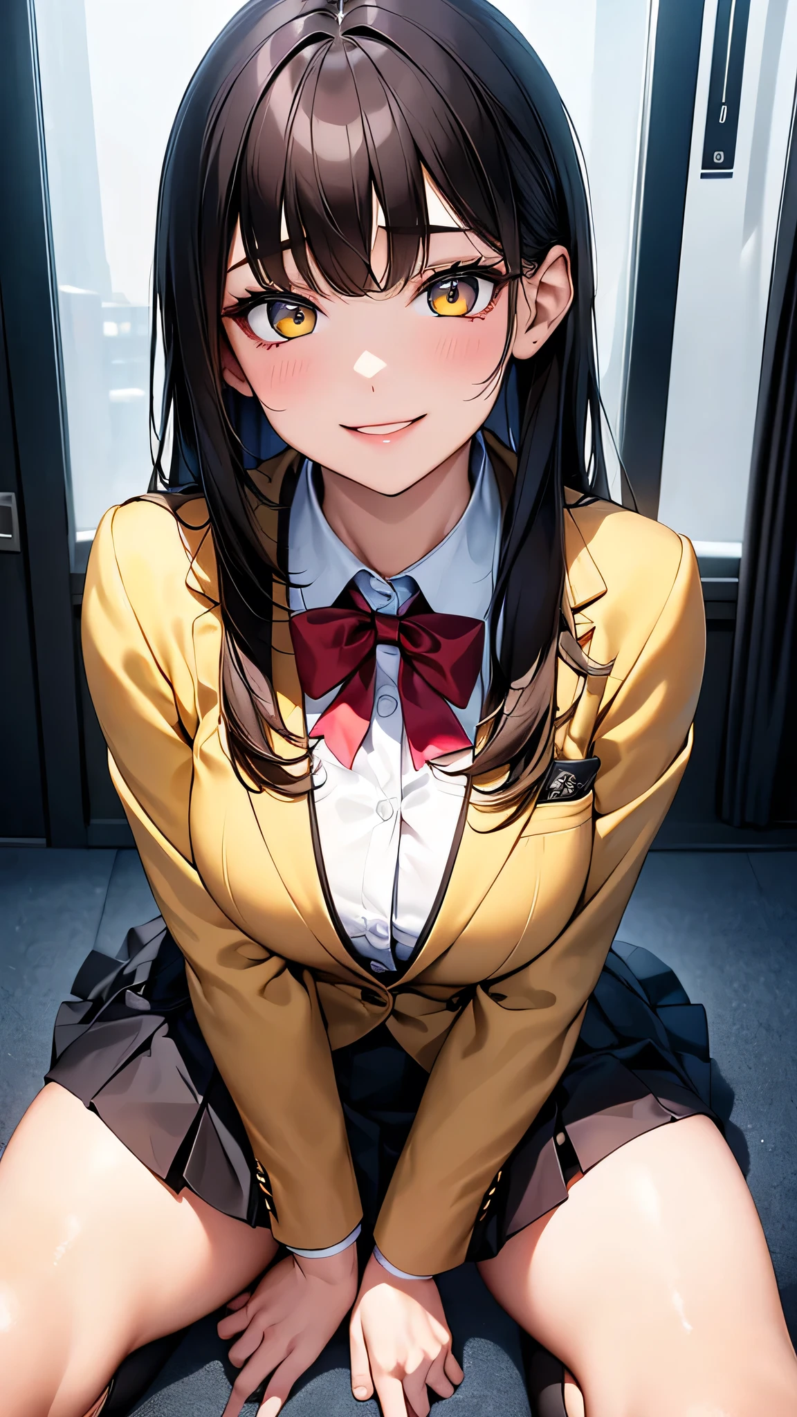 4K resolution,((Highest quality)),Ultra-high resolution,young woman, alone, sexy, (A fleeting smile), (Pale yellow eyes), Beautiful and symmetrical face, (Brown, medium length hair that reaches the shoulders),Blazer uniform,Dress shirt,Pleated mini skirt,Knee-high socks,Realistic:1.4,Realistic:1.4,(masterpiece:1.2),Perfect Eyes,Perfect Eyes,Perfect Legs,classroom,（Fellatio gestures:1.1）,（Open your mouth:1.2）,Leaning forward