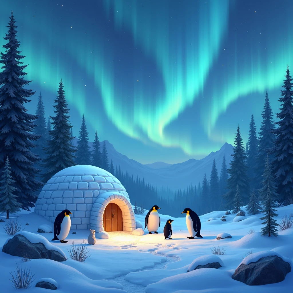 Aurora、igloo、penguin、night、forest