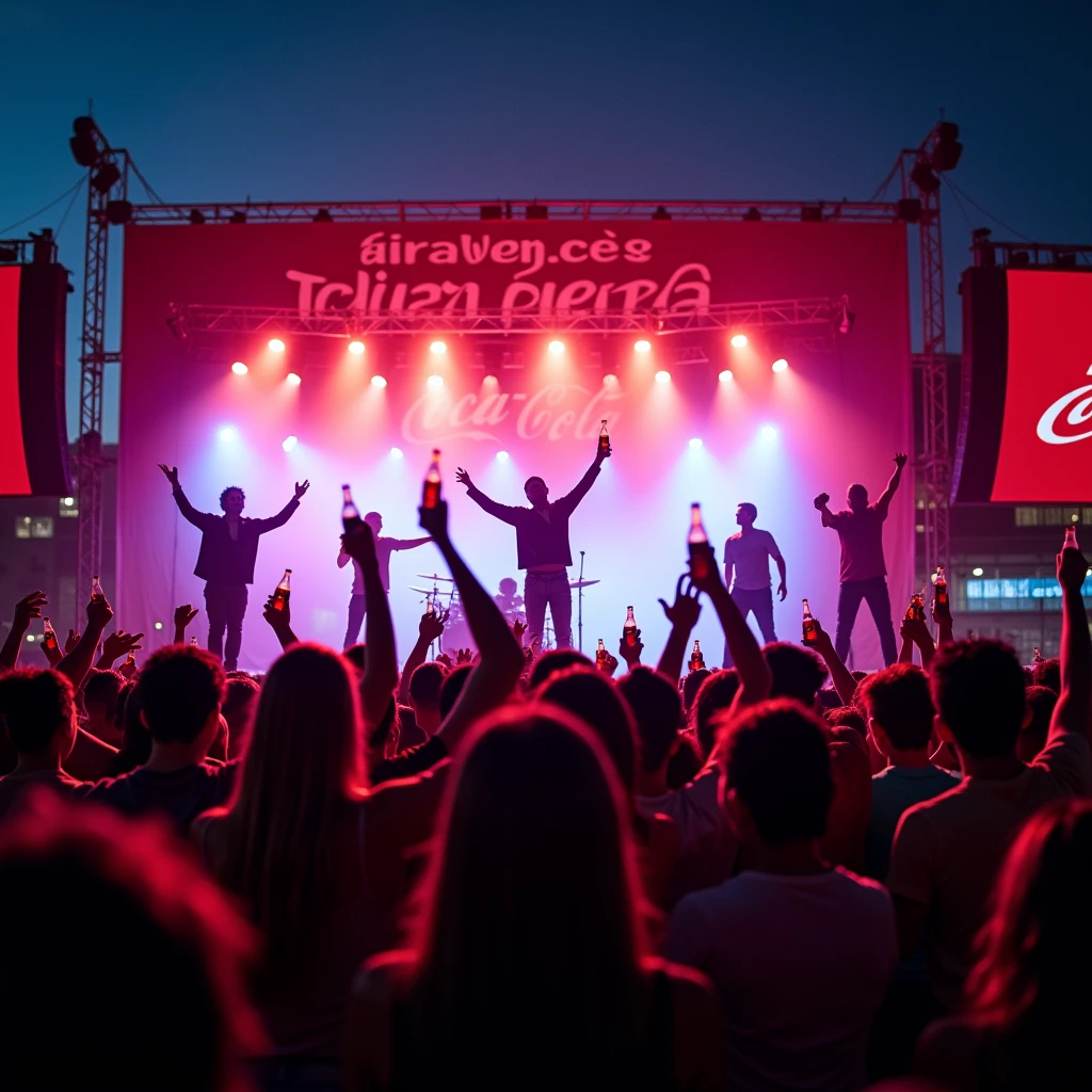 Scene: Concert with Rhythm

Description: A band playing at an outdoor concert, with a lively crowd. In the background of the stage, a large banner says "Always Coca-Cola" with a subtle touch of "Fuera Petro."
Atmosphere: Vibrant night, bright lights, and intense colors.
Central element: People jumping and enjoying themselves with Coca-Cola bottles raised in the air.
Text: "Always Coca-Cola, Fuera Petro" on the stage banner.