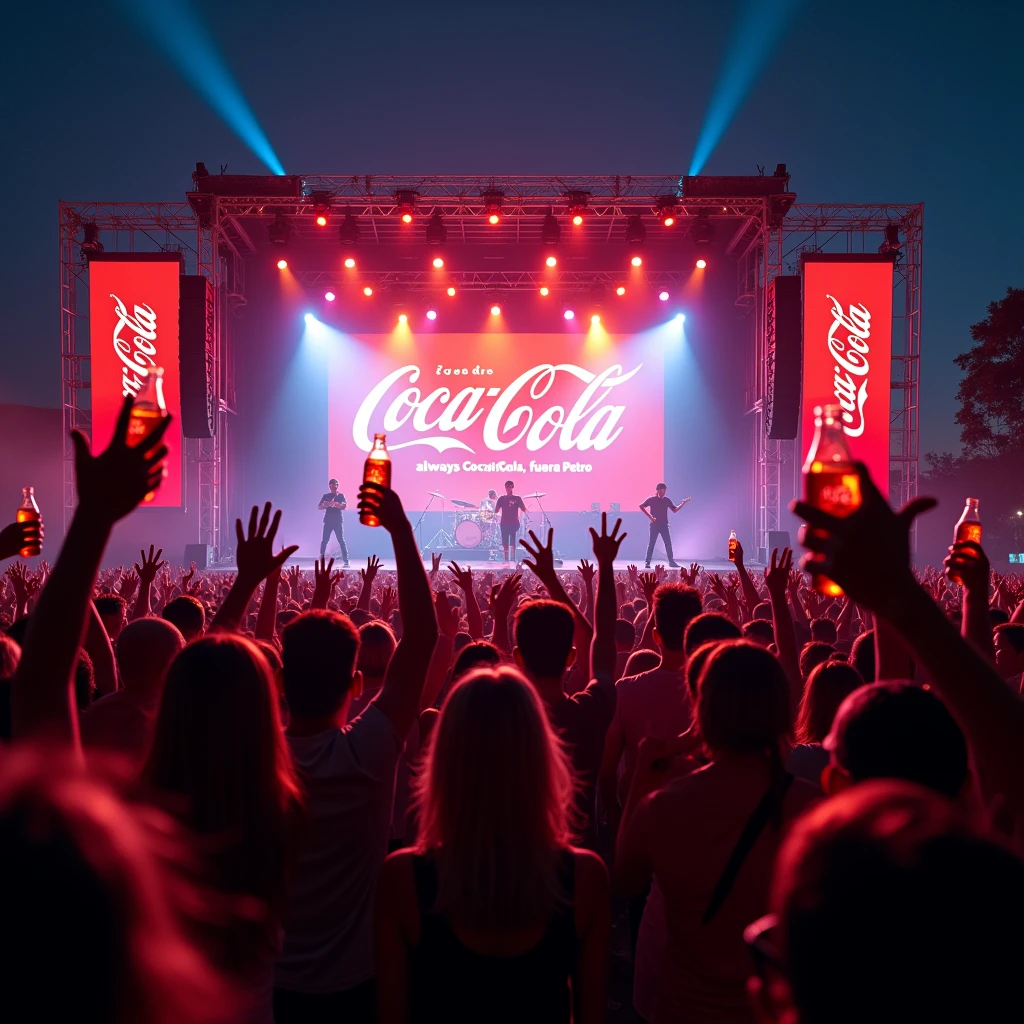 Scene: Concert with Rhythm

Description: A band playing at an outdoor concert, with a lively crowd. In the background of the stage, a large banner says "Always Coca-Cola" with a subtle touch of "Fuera Petro."
Atmosphere: Vibrant night, bright lights, and intense colors.
Central element: People jumping and enjoying themselves with Coca-Cola bottles raised in the air.
Text: "Always Coca-Cola, Fuera Petro" on the stage banner.