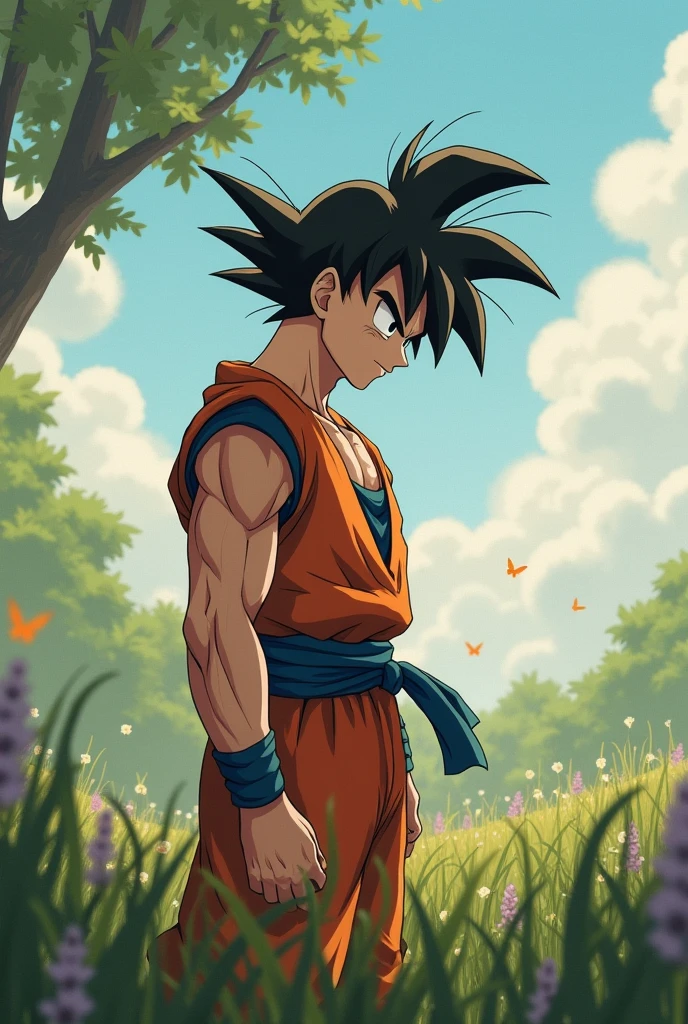 Goku working hard to improve his life having calm and smile on it face