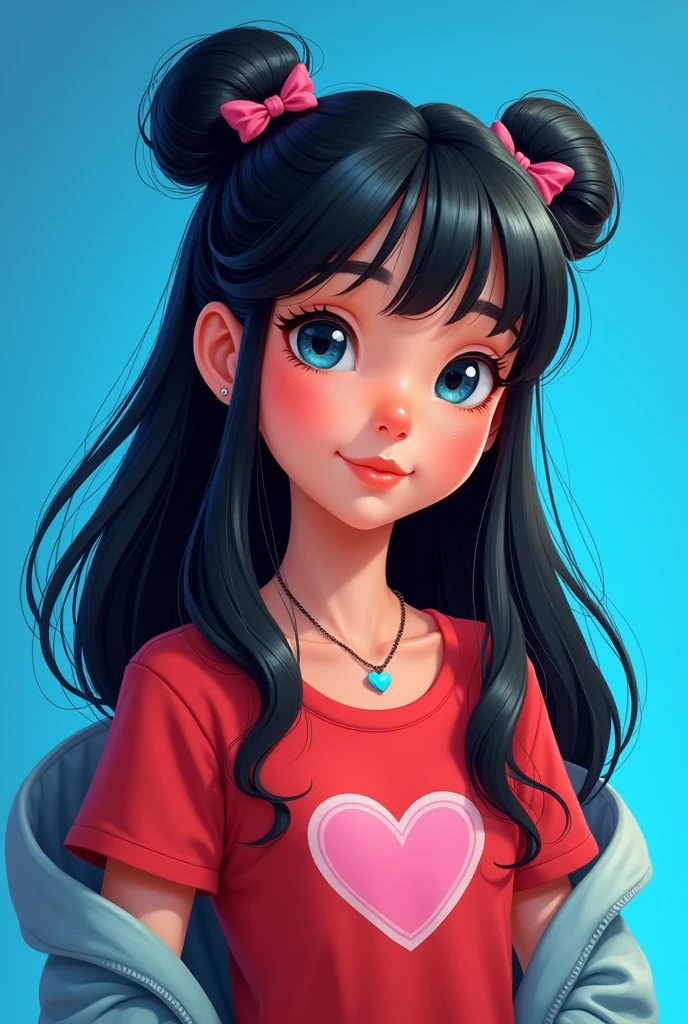 Disney image of a black-haired teenager, straight , long, Book hairstyle with ruffles wearing a red t-shirt with a heart in the middle, a hood on and a blue heart necklace, bright blue heart background 