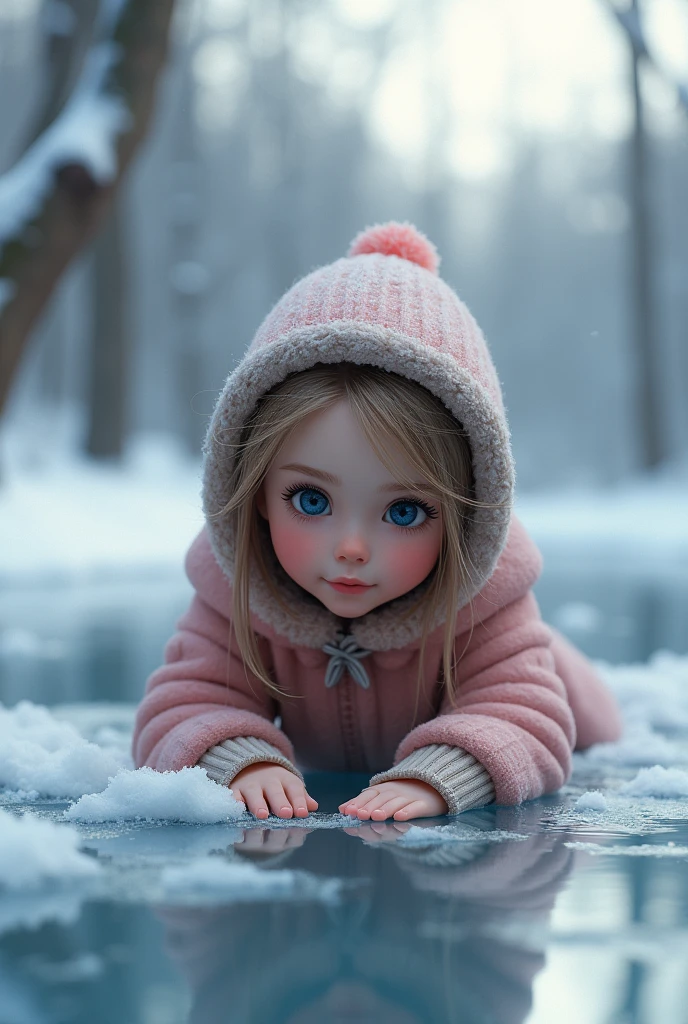 A young girl playing in the snow by a frozen lake, beautiful detailed eyes, beautiful detailed lips, extremely detailed eyes and face, long eyelashes, winter landscape, snow-covered trees, frozen lake, detailed background, (best quality,4k,8k,highres,masterpiece:1.2),ultra-detailed,(realistic,photorealistic,photo-realistic:1.37),outdoor scene,cold temperature,atmospheric lighting,soft colors,muted tones,natural lighting,serene,peaceful,tranquil