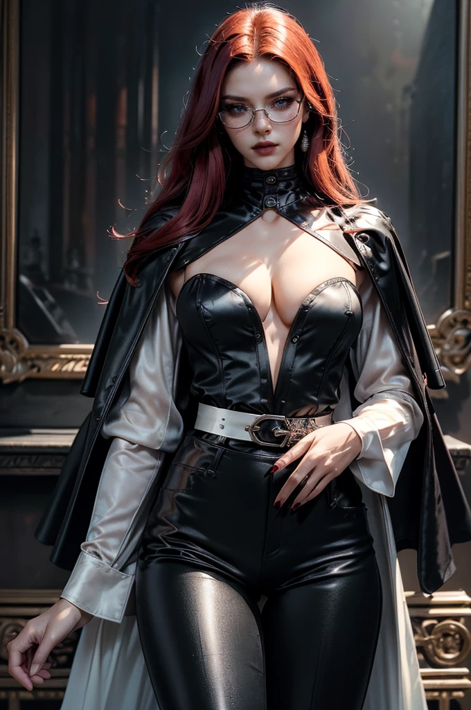 [cowboy shot], a beautiful young woman with long red hair, slim body, thin waist, narrow hips, detailed facial features, ((wearing high quality high waist black leather pants)), ((a formal white colored silk shirt with cleavage and long sleeves)), ((a black coat on shoulders)), ((red lining)), ((double luxury waist belt)), ((slightly red tinted glasses)), ((expensive reflective silk scarf)), holding a handbag, hand on waist, (best quality,4k,8k,highres,masterpiece:1.2),ultra-detailed,(realistic,photorealistic,photo-realistic:1.37),high fashion,editorial,dramatic lighting,cinematic,vivid colors,intricate details, glamorous