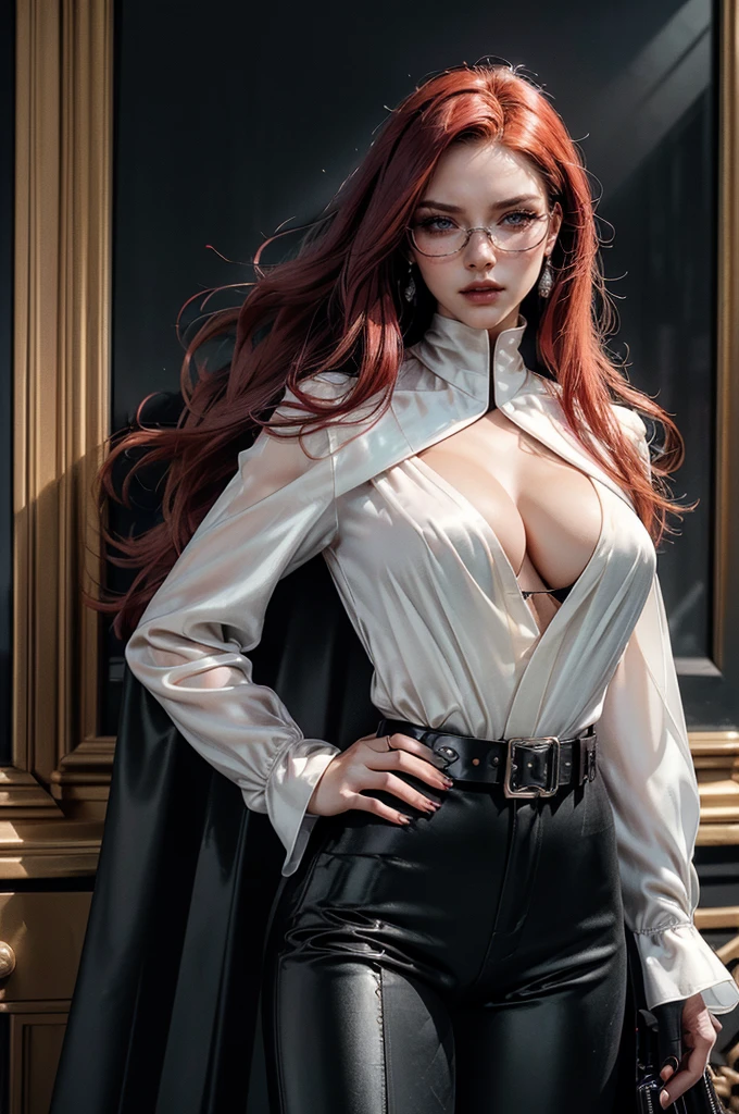a beautiful young woman with long red hair, slim body, thin waist, narrow hips, detailed facial features, ((wearing high quality high waist black leather pants with metal decoration)), ((((wearing formal white colored silk shirt with cleavage and long sleeves)))), ((wearing black fur coat)), ((coat on shoulders)), ((red lining)), ((double luxury waist belt)), ((slightly red tinted glasses)), ((expensive reflective silk scarf)), holding a handbag, hand on waist, (best quality,4k,8k,highres,masterpiece:1.2),ultra-detailed,(realistic,photorealistic,photo-realistic:1.37),high fashion,editorial,dramatic lighting,cinematic,vivid colors,intricate details, glamorous
