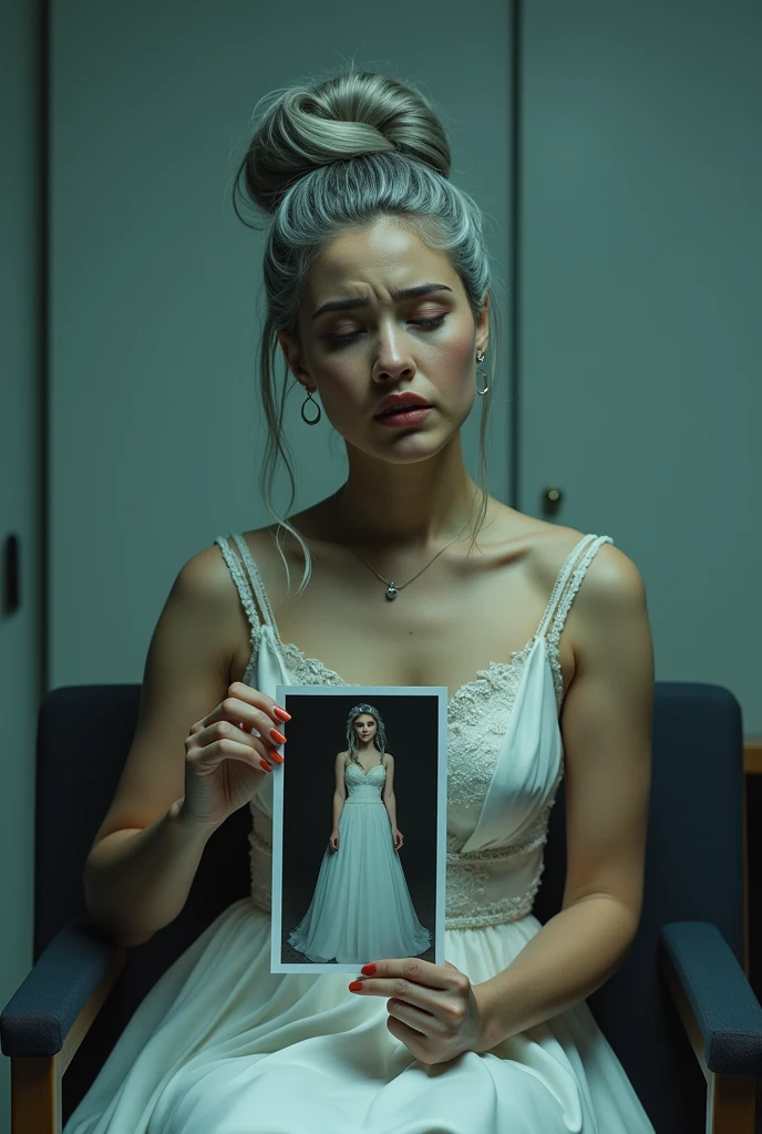A beautiful youthful looking her hair graying but still very sexy gray haired Hispanic version of Ariana Grande wearing a wedding dress now a prisoner of a evil scientist the male evil scientist her hair graying her long hair now graying she has a donut bun hairstyles hairstyle and she is aging because the male evil scientist standing next to her is given her a injection that is aging her up she looks like she is in pain and she screaming in pain and she is in a lab tied up to a chair she is holding a photo of a younger looking of herself before her life force was drain wearing the same wedding dress with the same hair style