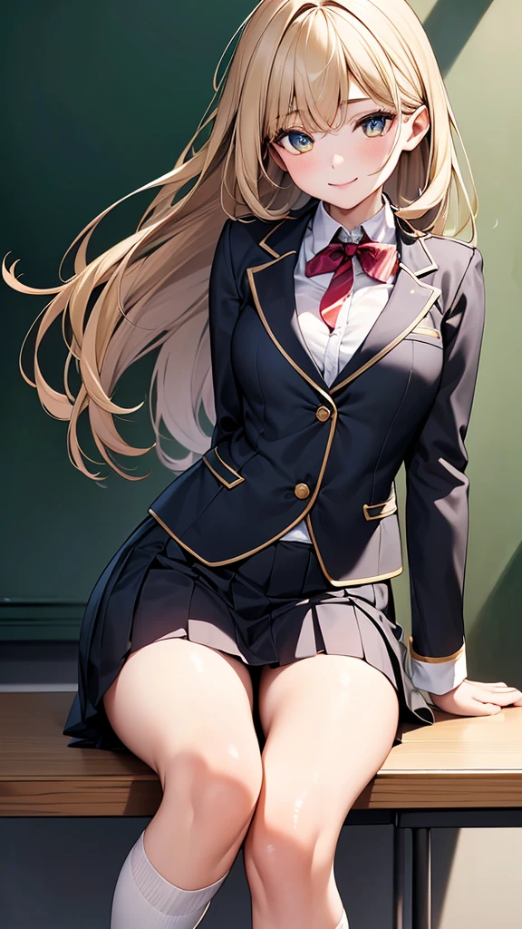 4K resolution,((Highest quality)),Ultra-high resolution,young woman, alone, y, (A fleeting smile), (Pale yellow eyes), Beautiful and symmetrical face, (Brown, medium length hair that reaches the shoulders),Blazer uniform,Dress shirt,Pleated mini skirt,Knee-high socks,Realistic:1.4,Realistic:1.4,(masterpiece:1.2),Perfect Eyes,Perfect Eyes,Perfect Legs,classroom,(Felstures:1.1),(Open your mouth:1.2)